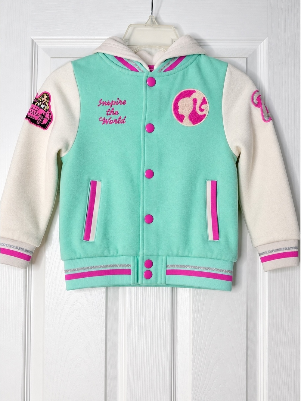 Barbie Girls Size 6 Varsity Jacket Mint Green Pink Hooded Fleece Snap Front